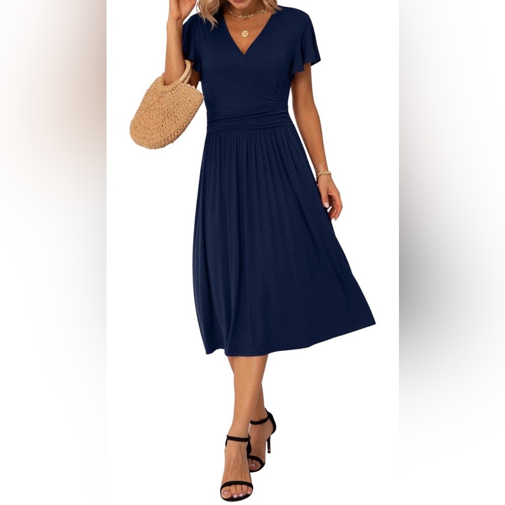 V-Neck Navy Midi Wrap Dress